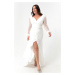 Lafaba Women's White V-Neck Plus Size Long Evening Dress with a slit with rhinestones on the sle