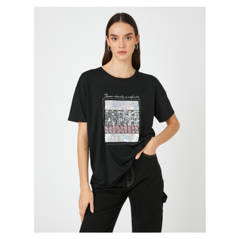 Koton Sequined Text Printed T-Shirt Crew Neck Short Sleeve