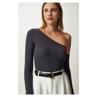 Happiness İstanbul Women's Anthracite Open Shoulder Ribbed Knitted Blouse