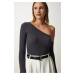 Happiness İstanbul Women's Anthracite Open Shoulder Ribbed Knitted Blouse