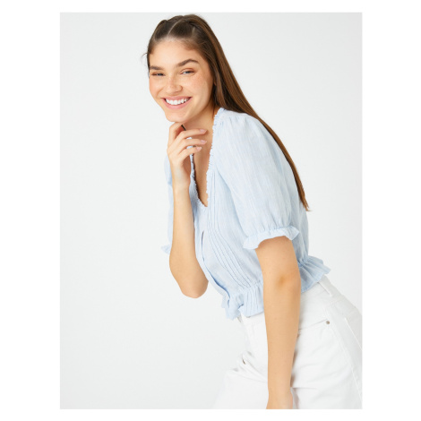 Koton Crop Shirt with Balloon Sleeves, Frilled and Buttoned Front