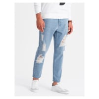 Ombre Men's TAPERED FIT denim pants with holes - light blue