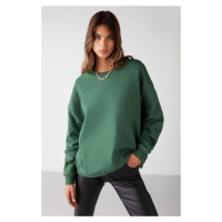 GRIMELANGE Susana Women's Crew Neck With Fleece Inside Oversize Fit Basic Green Sweatshir