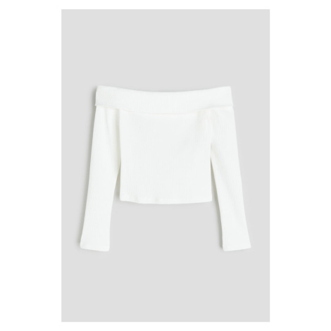 H & M - Žebrovaný top's odhalenými rameny - bílá H&M