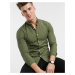 New Look long sleeve muscle fit oxford shirt in khaki-Green