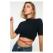 Trendyol Navy Blue Contrast Tie Detailed High Collar Crop Stretchy Knitted Blouse