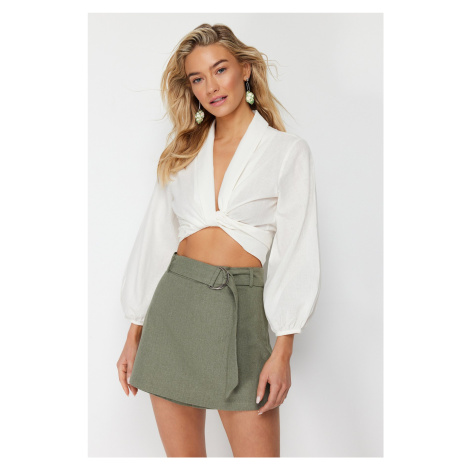 Trendyol Khaki Belted Mini Woven Linen Blend Shorts Skirt