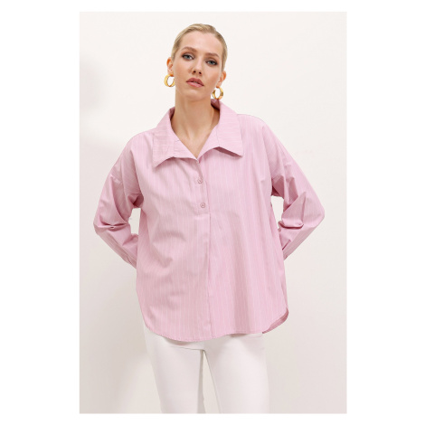 Bigdart 20215 Volná pruhovaná oversized košile - Růžová
