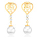 Náušnice ze zlata 585 - srdce s vyřezávanými ornamenty, brilianty a perlou