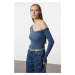 Trendyol Indigo Fitted Off Shoulder Corded Cotton Stretch Knitted Blouse