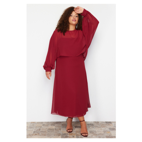 Trendyol Curve Burgundy Cape Detailed Chiffon Woven Plus Size Dress