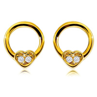 Diamantové náušnice ze žlutého 9K zlata - úzký kroužek s malým srdcem, kulaté diamanty