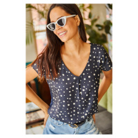 Olalook Women's Navy Blue V-Neck Polka Dot Woven Blouse