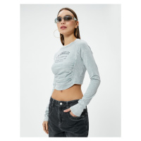 Koton Crop Long Sleeve T-Shirt College Printed Draped Detail Cotton