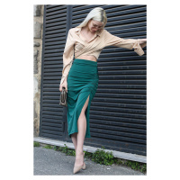 Madmext Green Front Gathered Sandy Fabric Skirt