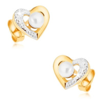 Rhodiované náušnice z 9K zlata - dvoubarevná kontura srdce, bílá perla