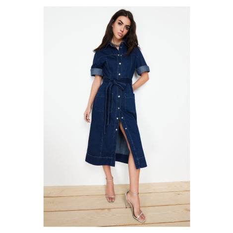 Trendyol Blue Belted Maxi Denim Dress