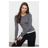 Trendyol Anthracite Color Block Fitted Viscose/Soft Fabric Stretchy Knitted Blouse