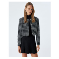 Koton Tweed Crop Jacket Round Neck Pocket Detail Buttoned Wool Blend