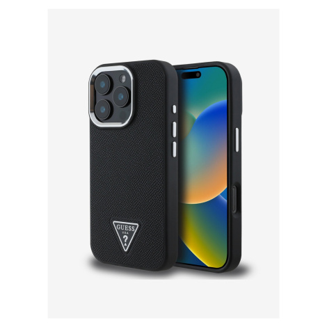 PU Grained Triangle Logo Zadní Kryt pro iPhone 16 Pro Black Obal na telefon Guess