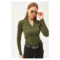 Olalook Khaki Zippered Turtleneck Lycra Blouse