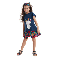 Denokids Floral Cat Girl's Navy Blue Summer T-shirt Poplin Shorts Set