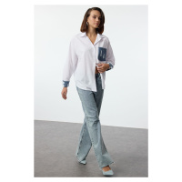 Trendyol Ecru Pocket and Cuff Denim Detailed Oversize Wide Fit Shirt