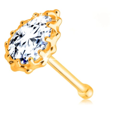 Diamantový piercing do nosu z 9K žlutého zlata - briliantová slzička, obruba se zářezy Šperky eshop