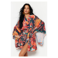 Trendyol tropický vzorovaný mini tkaný kimono a kaftan s páskem