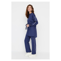 Trendyol Navy Blue Sleeve Detailed Striped Scuba Knitted Tracksuit Set