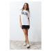 Trendyol White 100% Cotton City Motto Printed Oversize/Casual Fit Knitted T-Shirt