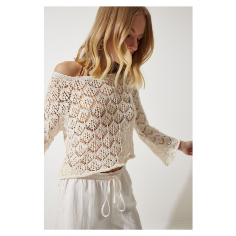 Happiness İstanbul Women's Cream Openwork Crop Knitwear Blouse