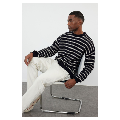 Trendyol Navy Blue Unisex Crew Neck Striped Knitwear Sweater