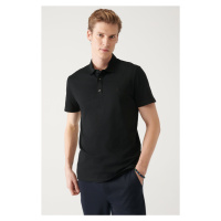 Avva Men's Black 100% Cotton Knitted Regular Fit 3 Snaps Polo Neck T-shirt