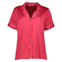 Koton Satin Pajama Top with Short Sleeves and Shirt Collar with Buttons and Embroidery