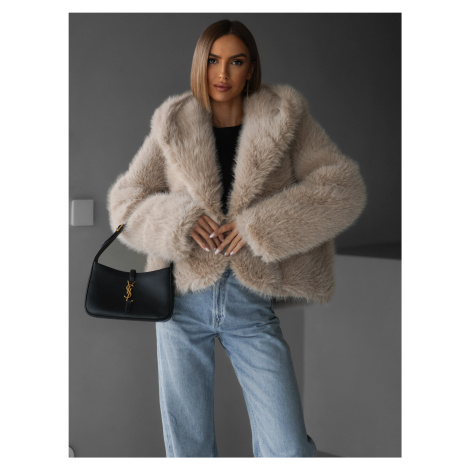 Béžový faux fur kožešinový kabát kožich IBISA s kapucí