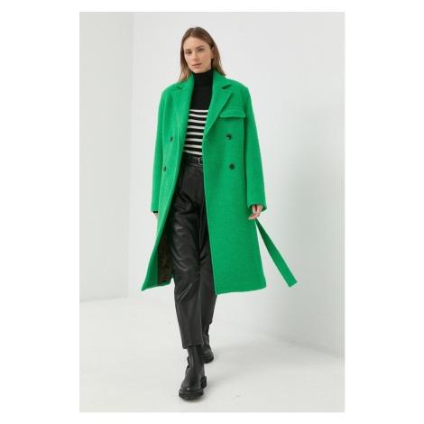 Vlněný kabát Samsoe Samsoe Milena zelená barva, přechodný, dvouřadový