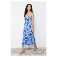 Trendyol Blue Floral Printed Maxi Length Sweetheart Neckline Knitted Dress