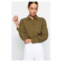 Trendyol Dark Khaki Balloon Sleeve Cotton Woven Shirt