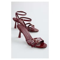 Shoeberry Women's Marlen Claret Red Patent Leather Belt Buckle Heeled Shoes