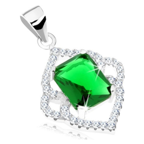 Stříbrný přívěsek 925, smaragdově zelený obdélník, čirý špičatý lem Šperky eshop