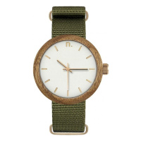 Dámské dřevěné hodinky s textilním řemínkem v zeleno-bílé barvě