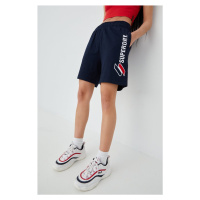 Bavlněné šortky Superdry dámské, tmavomodrá barva, s aplikací, high waist