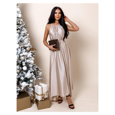 Béžové dlouhé lesklé elegantní šaty MADES se zavazováním