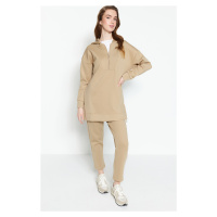 Trendyol Cream Front Zipper Soft Textured Scuba Knitted Tracksuit Set