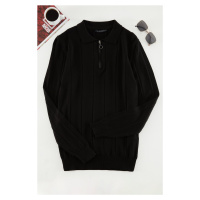 Trendyol Black Slim Fit Zipper Polo Neck Cotton Knitwear Sweater