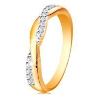 Lesklý prsten ze 14K zlata - dvě propletené vlnky - hladká a zirkonová