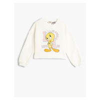 Koton Crop Sweatshirt Tweety Printed Licensed Raised Glitter Print Detailed