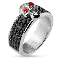 Ocelový prsten stříbrné barvy, lebka s červenýma očima, černé zirkony