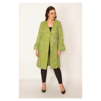 Şans Women's Plus Size Green Sleeve Detailed Single-Clip Closed Unlined Cape